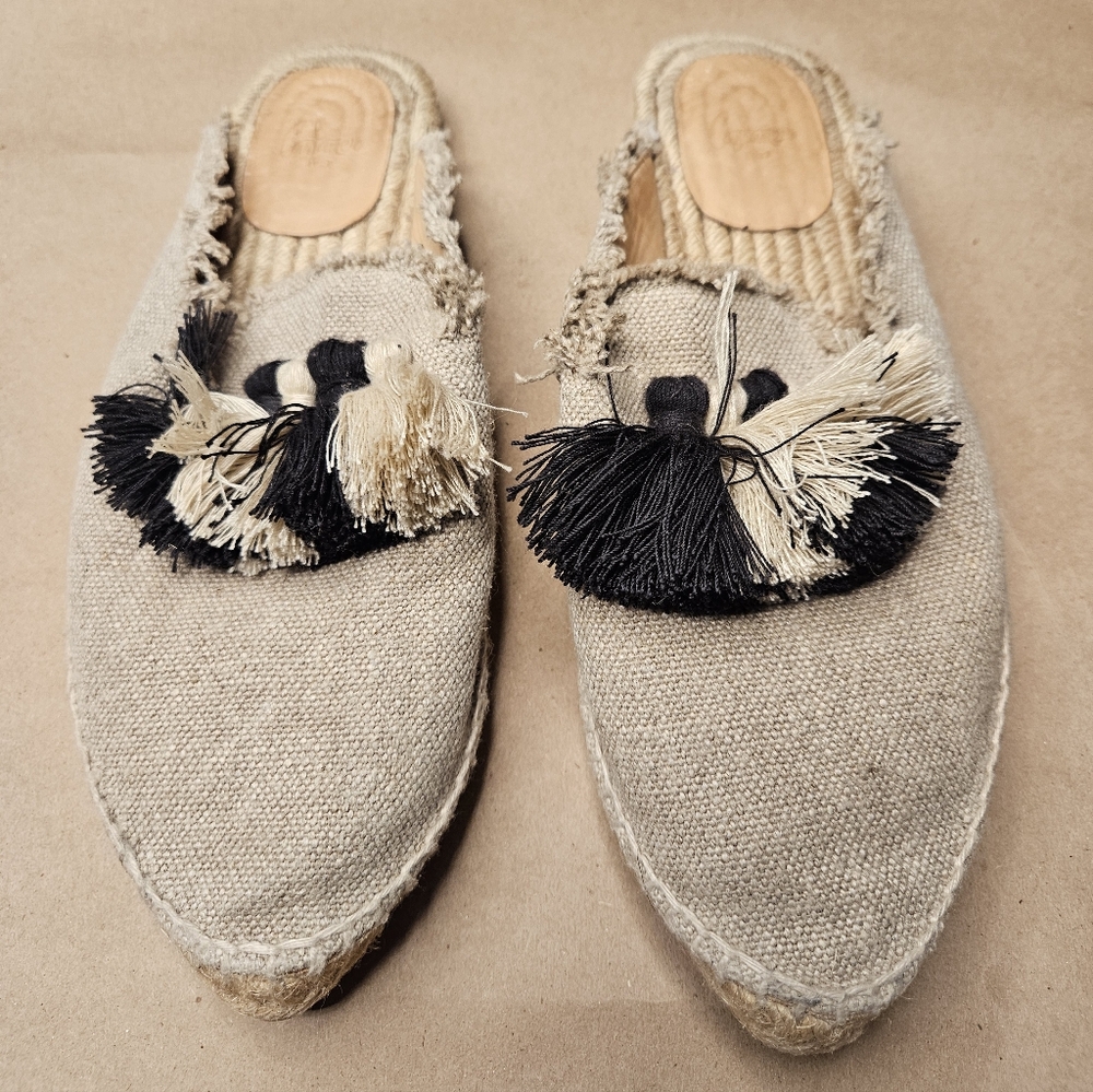 Castañer Rocio beige and black tassel fringe canvas espadrille mules